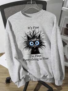 Veykashi Halloween Casual I'M FINE Cat Graphic Print Loose Fit Thick Crew Neck Long Sleeve Hoodie Sweatshirt, Autumn/Winter Fall Cute Sweatshirt Halloween Sweatshirt Oversized Sweatshirt Women Women Sweatshirts Graphic Sweatshirts Oversized Sweatshirt Woman Women Sweatshirts