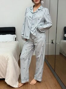 SHEIN 女士蝴蝶结条纹印花翻领长袖上衣和裤子睡衣套装 秋冬服装