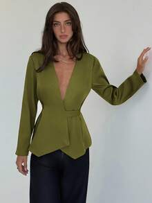 Aloruh Blazer de mujer de unicolor con cuello en V profundo para otoño/invierno - Verde militar - Ver 7