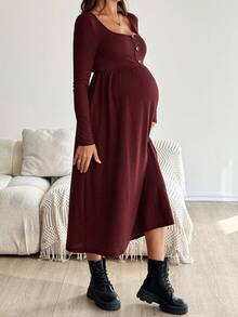 SHEIN Đầm suông dài tay cổ vuông thiết kế nút màu trơn cho bà bầu - Màu Đỏ Sâu - Xem 5