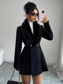 1件女士仿毛皮领收腰优雅奢华派对外套 - 黑色 - 查看 3