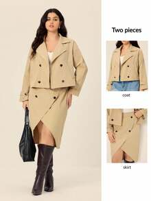 SHEIN LUNE Plus Size Long Sleeve Jacket And Skirt Set, Autumn/Winter