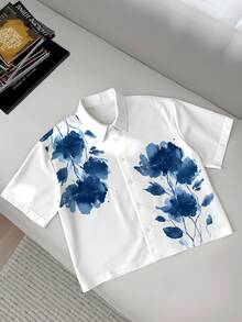 StoneGrade 中国风青花瓷花卉水彩图案男士休闲短袖满印花衬衫 - 白色 - 查看 2