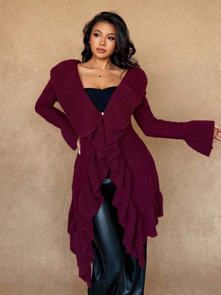 Islaluna كارديجان نسائي أنيق مزين بالكشكشة على الطراز الفرنسي الرومانسي للعطلات