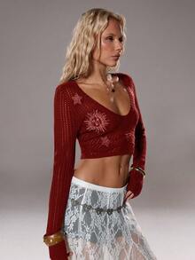 TRNVIE 时尚休闲长袖修身短款镂空女式毛衣 - 酒紅色 - 查看 6