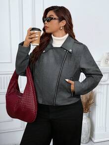Flirla Plus Size Denim Effect PU Biker Jacket Plus Size Jacket Plus Size Moto Jacket Plus Size Fall Clothing Plus Size Outerwear Grey Jacket - Black - View 7