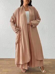 EMERY ROSE Plus Size Women Solid Color Casual Long Sleeve Cardigan And Wide Leg Pants 2 Pieces Set
