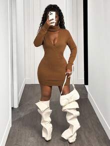 BamGleam Women's Deep V-Neck Long Sleeve High Collar Fitted Casual Knit Sweater Dress, Autumn/Winter