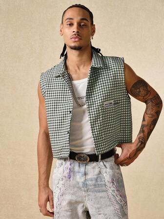 Street Life Gilet con bottoni e stampa a quadri, stile universitario, da uomo