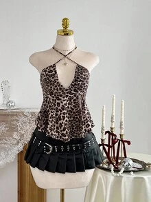 Elamini Leopard Print Criss-Cross Lace-Up Sexy Halter Neck Tank Top For Women - Yellow - View 1