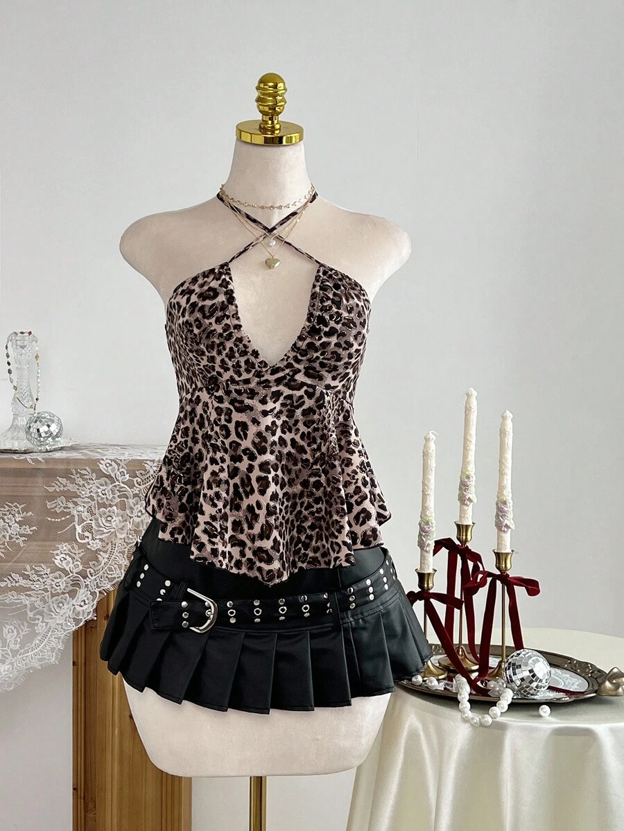 Elamini Leopard Print Criss-Cross Lace-Up Sexy Halter Neck Tank Top For Women - Yellow - View 1