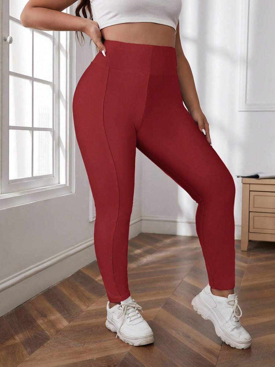 SHEIN LUNE Quần legging cạp cao màu trơn cỡ lớn cho nữ thường ngày, quần áo tập gym, đồ thể thao nữ, quần legging cạp cao cho nữ, quần legging đỏ, quần legging tập gym cho nữ, quần legging nữ - Đỏ - Xem 1