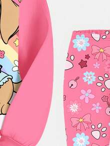 SHEIN 2 件套年轻女孩休闲套装：可爱小狗印花运动衫和紧身裤，彩虹蝴蝶结花卉印花，适合秋冬季、街头风格、休闲、校园、户外、家居 - 彩色 - 查看 7