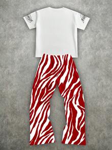 Manfinity ZONE917 Oversized Red & White Camouflage Distressed Star Gothic Slogan T-Shirt Set