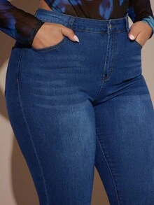 SHEIN BAE Plus Size High Waist Water Wash Jeans - Dark Wash - View 7