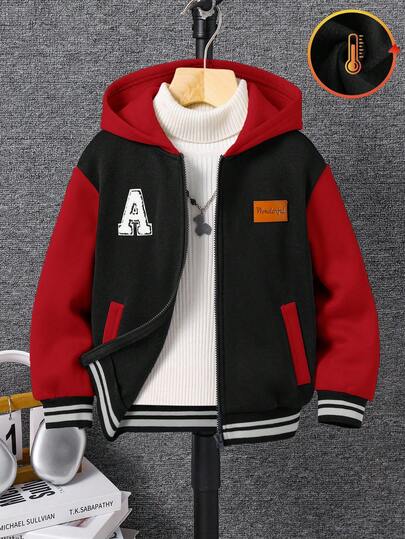 SHEIN Toddler Boys Casual Patchwork Color Block Thick Hooded Jacket, Suitable For School, Garden, Birthday, Fall, Winter Season, Halloween, Vintage