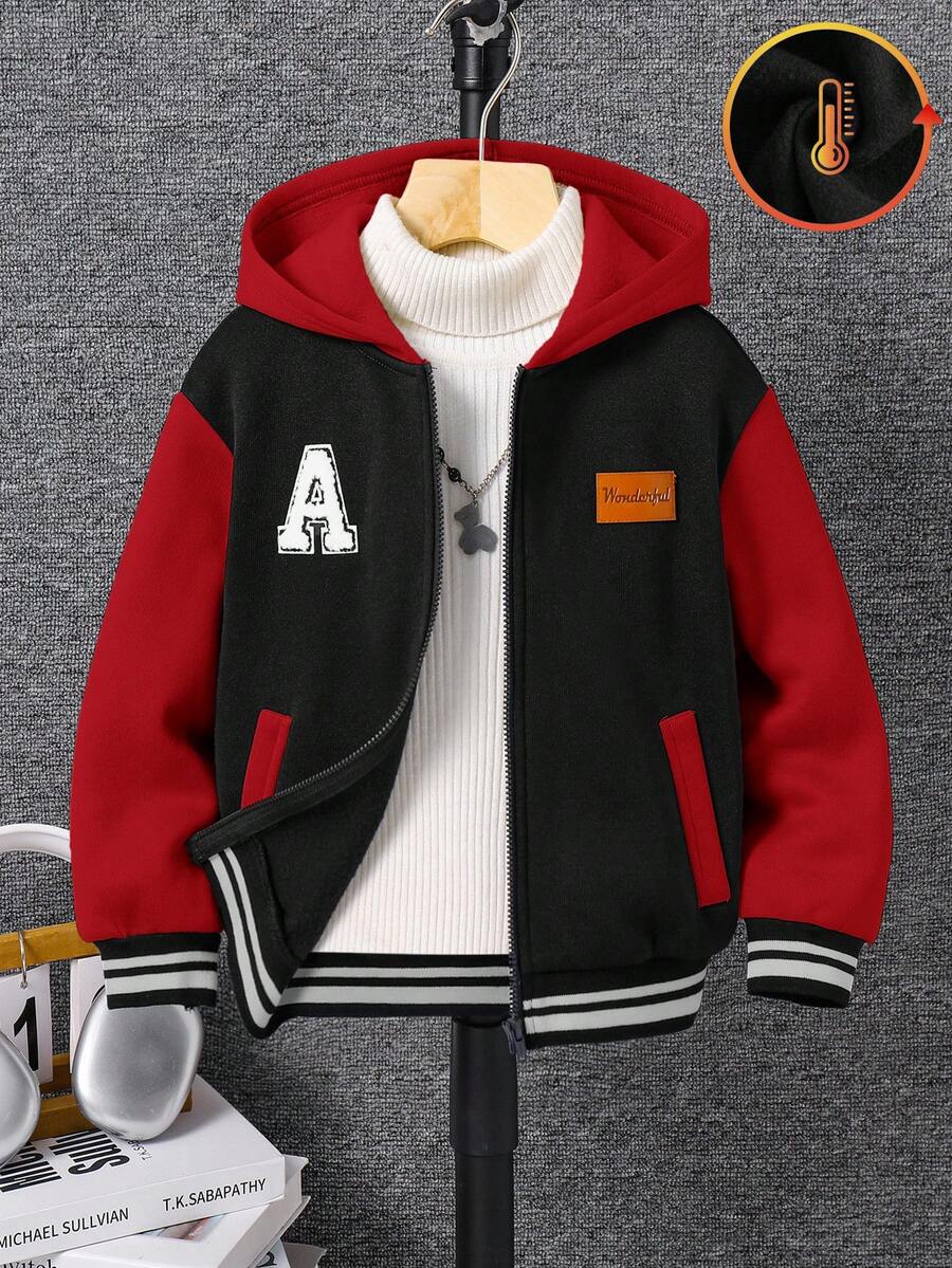 SHEIN 幼儿男童休闲拼色加厚连帽夹克，适合上学、花园、生日、秋季、冬季、万圣节、复古 - 酒紅色 - 查看 1