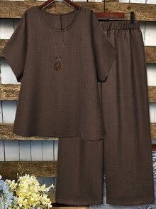 EMERY ROSE Plus Size Casual Solid Color Batwing Sleeve Shirt And Pants 2 Pieces Set - Brown - View 1
