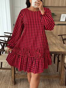 SHEIN Holidaya Plus Size Women Colorblock Plaid Dress With 3D Floral Decor, Autumn/Winter - Multicolor - View 1