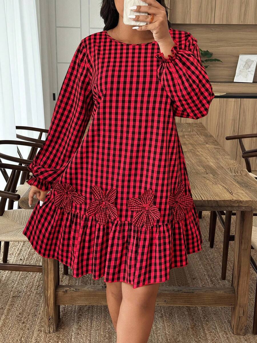 SHEIN Holidaya Plus Size Women Colorblock Plaid Dress With 3D Floral Decor, Autumn/Winter - Multicolor - View 1