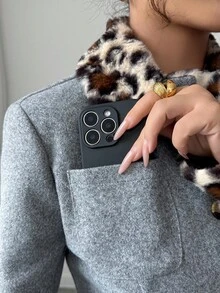 Elenzga Women's Pink And Grey Woolen Two Pieces Skirt Set,Autumn Elegant Work Lapel Long Sleeve Top & Bodycon Skirt,Leopard Print Fur Collar Cuff,2pcs Set - Grey - View 5