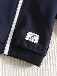 2pcs Baby Boys Thermal Lined Thick Contrast Color Ribbed Loose Raglan Hoodie Jacket And Casual Sports Pants Set, Suitable For Winter - Royal Blue - View 3