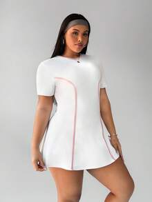 Rhythm Era 2 件套女式拼色圆领 A 字腰连衣裙，内置短裤，防闪烁运动休闲网球裙，加大码