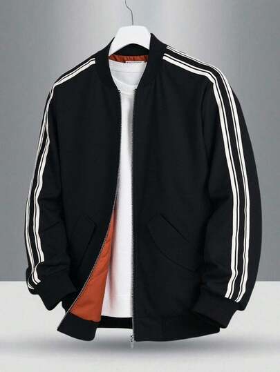 SHEIN 青少年男孩休闲拉链夹克外套，绗缝大衣，简约百搭多功能设计，适合通勤、上学、日常休闲、旅行、户外派对、运动、秋冬