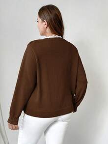 EMERY ROSE 大码女式纯色蕾丝宽松休闲开衫，秋冬 - 棕色 - 查看 2