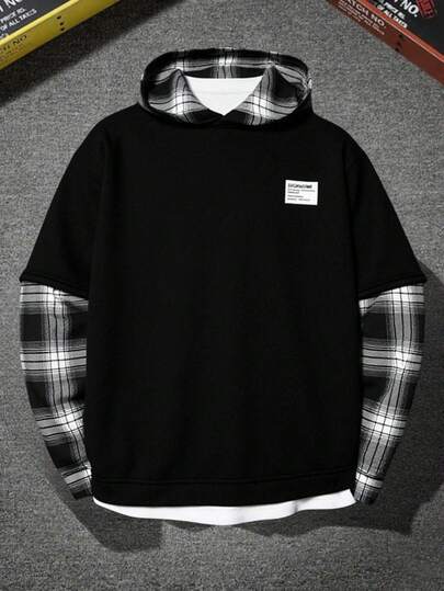 SHEIN 青少年男童休闲精致装饰卫衣，二合一格子撞色简约百搭，适合通勤、上学、日常休闲、旅行、户外聚会、运动、秋冬季穿着