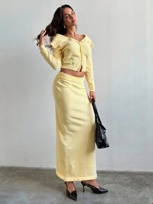 Aloruh 女式两件套毛衣套装，浅黄色奶油色开衫和长款超长裙，秋冬 - 黃色 - 查看 4