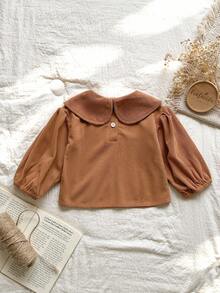 SHEIN Vintaside Kids 1 件幼儿女童舒适休闲韩版翻领 3D 刺绣天鹅绒长袖百搭上衣，适合春秋冬日常穿着 - 咖啡棕 - 查看 2