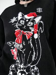 ROMWE Gothic Dark Mysterious Cat Skeleton Christmas Intarsia Loose Pullover Sweater - Black - View 6