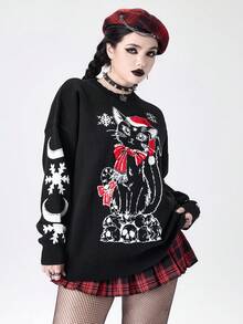 ROMWE Gothic Dark Mysterious Cat Skeleton Christmas Intarsia Loose Pullover Sweater - Black - View 7