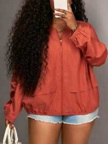 Slaydiva Áo khoác dài tay dáng rộng, cổ bẻ, có khóa kéo, màu nâu trơn, dành cho nữ cỡ lớn, phong cách thường ngày, retro và vintage, thích hợp cho mùa xuân và đầu thu. Áo khoác nhẹ, mỏng nhẹ, phù hợp cho mùa thu/đông. - màu nâu - Xem 1