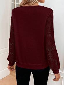 EMERY ROSE Women's Contrast Lace V-Neck Loose Long Sleeve Blouse - Burgundy - View 2