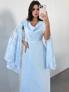 Firerie Women's Elegant Light Blue Floral Lace & Sequin Ruffle Collar Long Sleeve High Waist A-Line Maxi Dress For Autumn,Wedding Guest,Parties,Balls,Dates - Blue - View 6