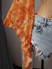 Bellisia 女士夏季高端蝴蝶橙色热情佩斯利渐变色蝙蝠袖荷叶边下摆浪漫度假V领系带前罩衫 - 橘色 - 查看 4