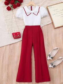 Tween-Mädchen T-Shirt-Set, weißes Oberteil mit stylischem Kragen, gepaart mit schwarz gestreifter Taillenkrawatte und schwarzer Schlaghose, Sommerurlaub - Rot - Übersicht 5