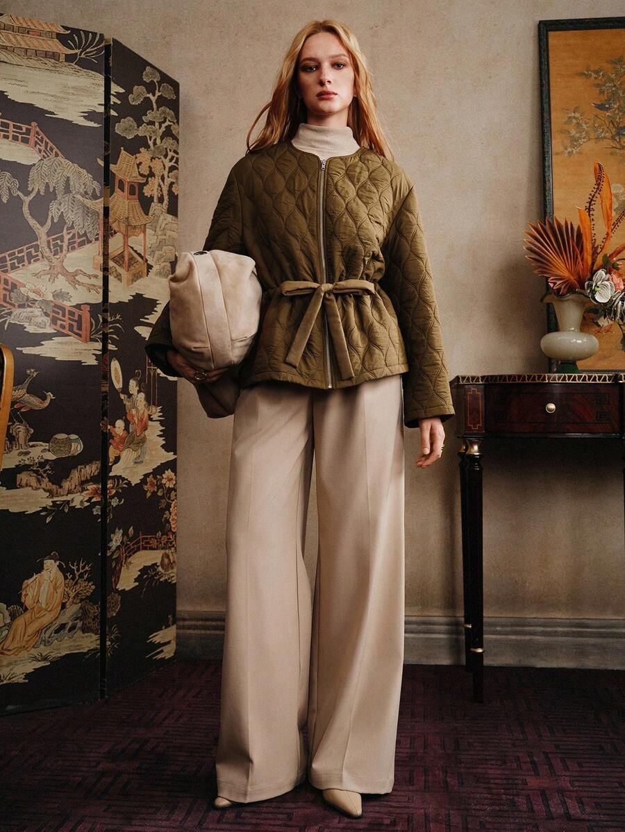 EMERY ROSE 梭织纯色加厚棉服低领收腰休闲通勤熟女青年街头休闲韩版简约女士棉衣外套，秋冬 - 橄欖綠 - 查看 1