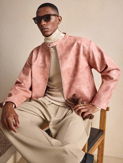 AKNOTIC Herren modische Pendler-Jacke aus rosa PU, Herbst/Winter