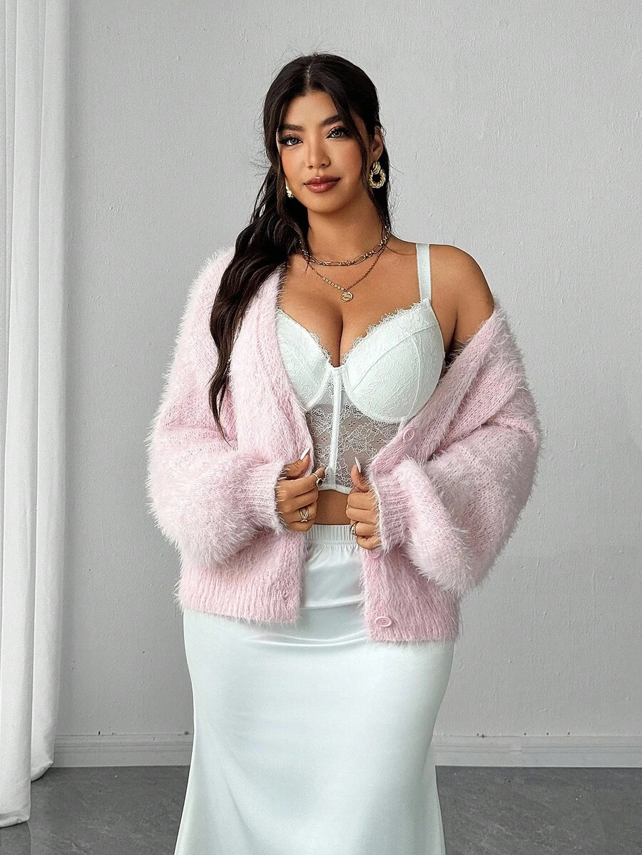 Elenzga Plus Size Women Solid Color Drop Shoulder Long Sleeve Casual Knit Cardigan, Autumn/Winter - Pink - View 1
