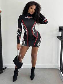 Alexandranx Color Block Letter Print Stand Collar Bodycon Dress - Black - View 4