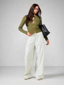 MISSGUIDED Quần ống rộng nữ, quần dài cạp chun, kẻ sọc, quần công sở, quần Palazzo, quần đi nghỉ dưỡng, quần dài thoải mái, quần mặc thường ngày, Giáng sinh - màu xanh lá - Xem 3