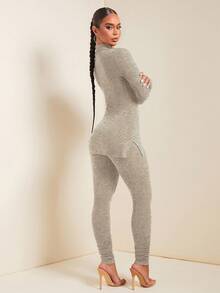 SHEIN SXY 秋季女装两件套，纯色立领长袖上衣和裤子保暖套装，棕色两件套，舒适罗纹两件套，两件套家居服，女士舒适两件套，秋冬季女士灰色两件套，秋季，女士秋季服装 - 杏色 - 查看 5