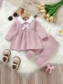 2pcs/Set Toddler Girls' Pink Sweater Dress & Tights, Peter Pan Collar Long Sleeve Cinched Waist, Fashionable & Sweet Style, Autumn/Winter Baby Set Autumn Winter Season Baby Girl Knitted Outfits Baby Girl Outfit Pink Bow Baby Outfit Baby Girl Autumn Clothes Newborn Baby Girl Outfit Set Baby Girl Long Sleeve Outfit Baby Set Autumn Winter Baby Girl Outfit Pink Bow Baby Outfit - Baby Pink - View 1