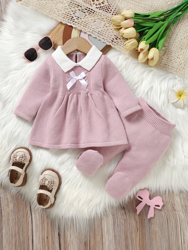 2pcs/Set Toddler Girls' Pink Sweater Dress & Tights, Peter Pan Collar Long Sleeve Cinched Waist, Fashionable & Sweet Style, Autumn/Winter Baby Set Autumn Winter Season Baby Girl Knitted Outfits Baby Girl Outfit Pink Bow Baby Outfit Baby Girl Autumn Clothes Newborn Baby Girl Outfit Set Baby Girl Long Sleeve Outfit Baby Set Autumn Winter Baby Girl Outfit Pink Bow Baby Outfit