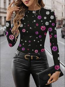 Glamance Vecteezy Maglietta aderente a maniche lunghe con collo rotondo e stampa di strass, autunnale - Multicolore - Visualizzare 3