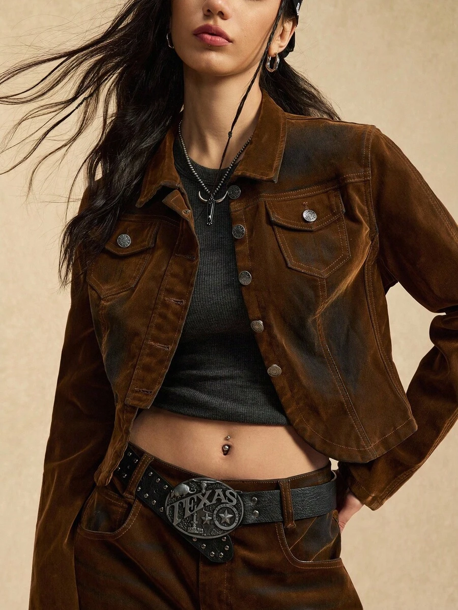 Easelle Áo khoác denim cổ bẻ phong cách Boho Chic cổ điển dành cho nữ Áo khoác nữ màu nâu Áo khoác nữ màu nâu ngắn Áo khoác nữ màu nâu nhung Áo khoác ngắn Áo khoác nữ kiểu miền Tây - Nhiều màu - Xem 1