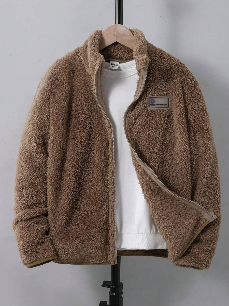 SHEIN Boys' Casual Fuzzy Collar Jacket, Loungewear